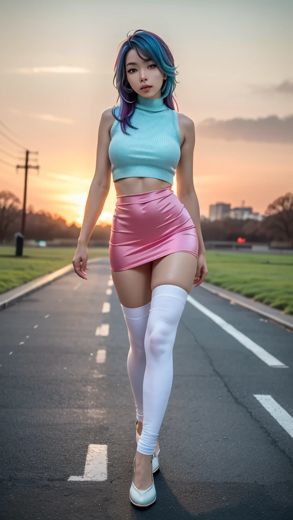 (cute russian girl running on footpath , (sleeveless sweater), micro miniskirt), (sweating:1.2), (wet), (full body:1.3) ,(1girl:1.3, solo:1.2), female focus, (white people:1.3), (pale skin:1.2), (beautiful, 21 years old:1.5),
slim, long legs, thigh highs, hairband, heart ring, central park,
perfect(face ,eyes , nose, hands , arms), detailed fingers, extremely detailed eyes and face, beautiful detailed nose, beautiful detailed eyes, K-pop idol vibes,
(RAW photo, best quality), (realistic, photo-realistic:2.0), extremely detailed, CG, unity , 8k wallpaper, Amazing, finely detail, (masterpiece:2.0, best quality), realistic, (real picture, intricate details, depth of field), soft light,
beautiful detailed girl, huge breasts, thick thighs, wide hips, small waist, tall, glossy pink lips, aqua eyes, (((long hair:1.2), (colorful gradient multi-colored sky blue hair), floating hair)), elegant ,slender figure, dynamic posture,