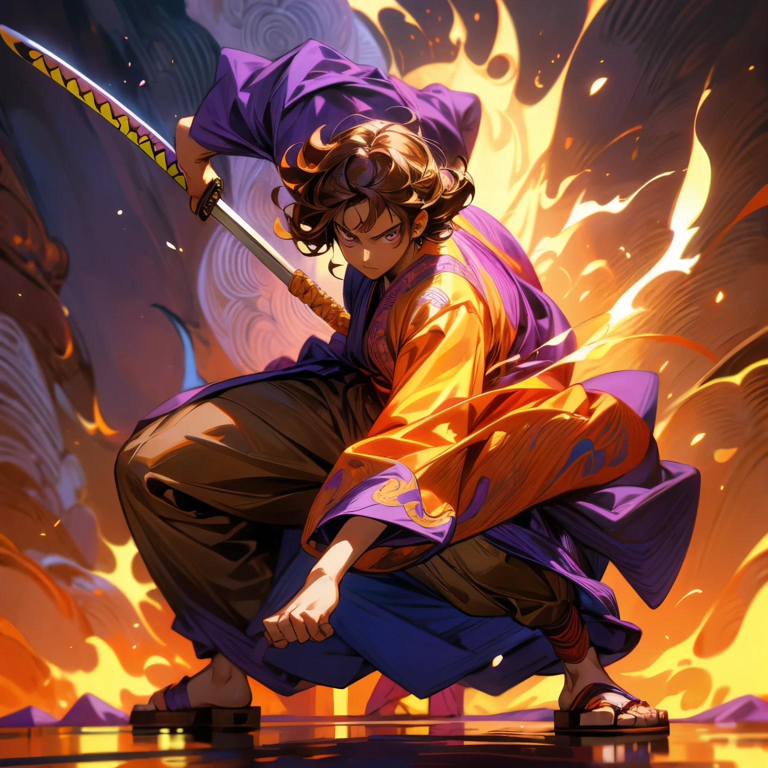 Solo character, full body version, young boy, tan skin, brown color hair, Curly hairstyle, purple eyes, Japanese tunic clothing, sandals, background is plain white, shadow, standing battle gesture, sword katana in hand, (one piece style art)