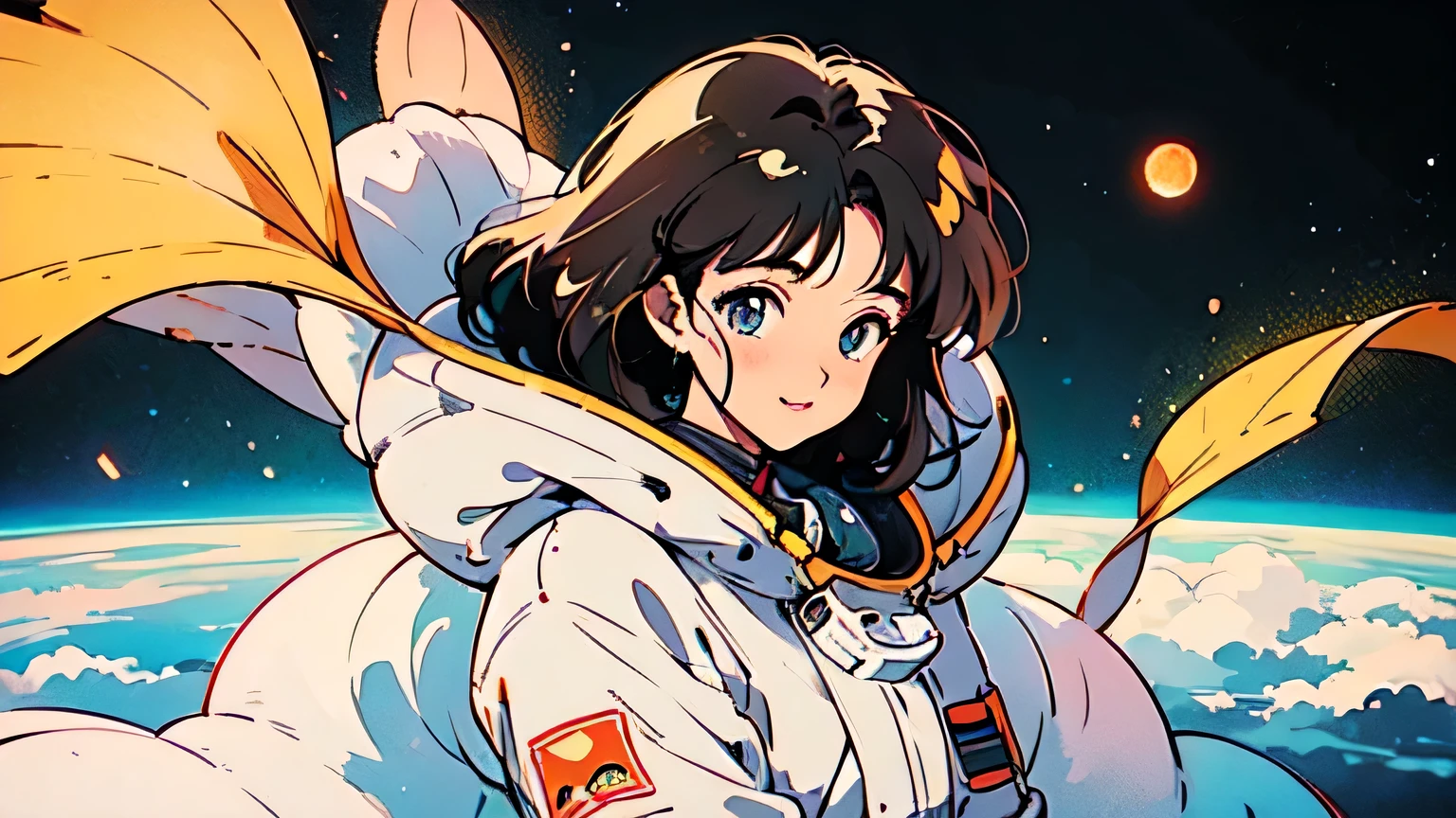 A girl with dark hair is in a spacesuit, floating in space. Her face is visible through the helmet, illuminated by the stars and celestial bodies around her. Below her, the Earth is covered in a blanket of clouds, and the vast, star-filled cosmos stretches out infinitely.