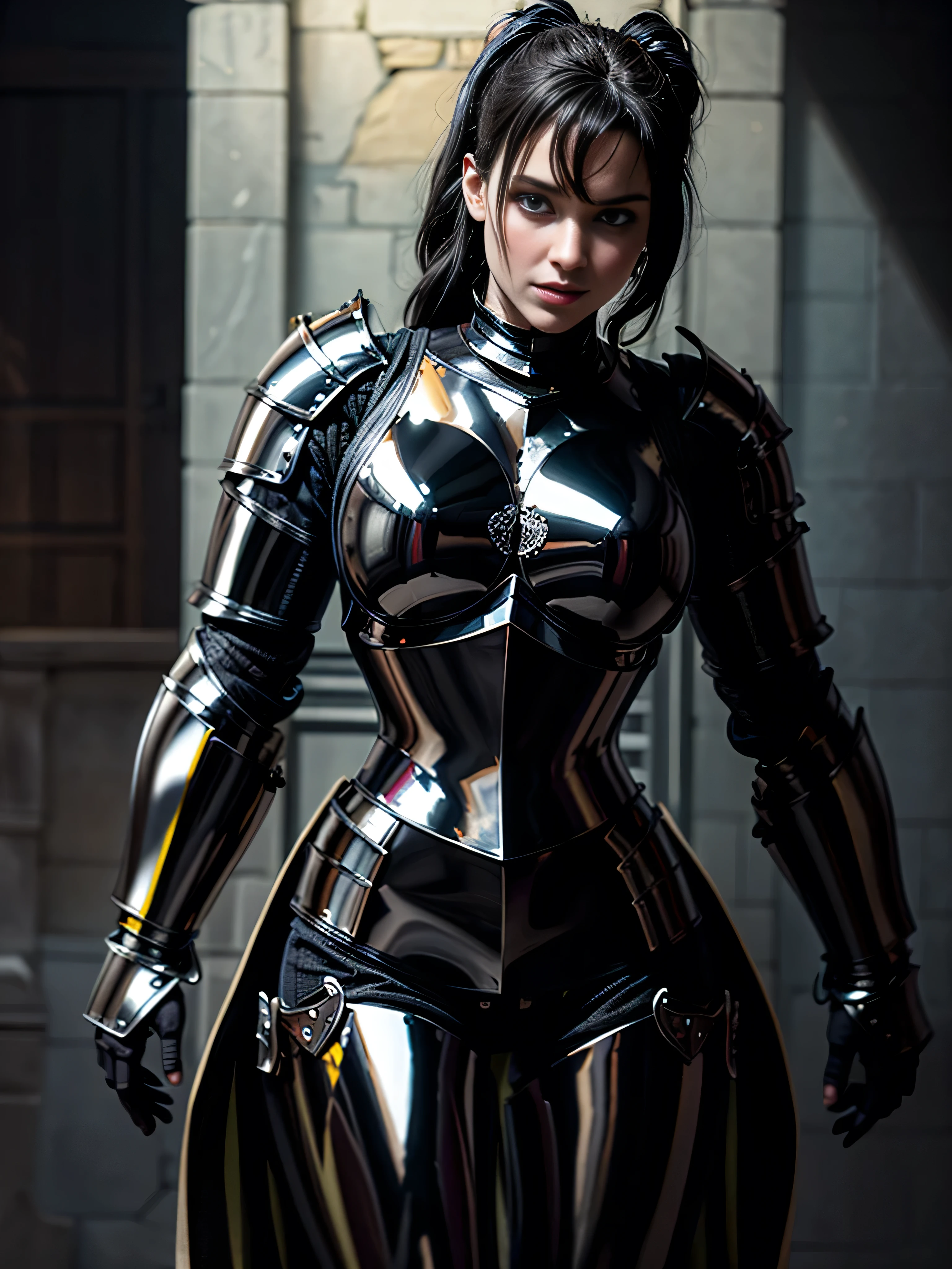 (masterpiece, photorealistic:1.4, extremely intricate:1.3), (photon mapping, radiosity, physically based rendering, ultra resolution, hyper-realistic, photorealistic:1.4, hyper-realistic, 8K, dtx), ((female [bodybuilder:supermodel:0.7], ([large breasts:medium breasts:0.2], (black chrome renaissance armor:1.6), upper torso)), short ponytail black hair), (background inside of a medieval throne room, shadow, (dim, dark, shadow, volumetric, side view:0.5))