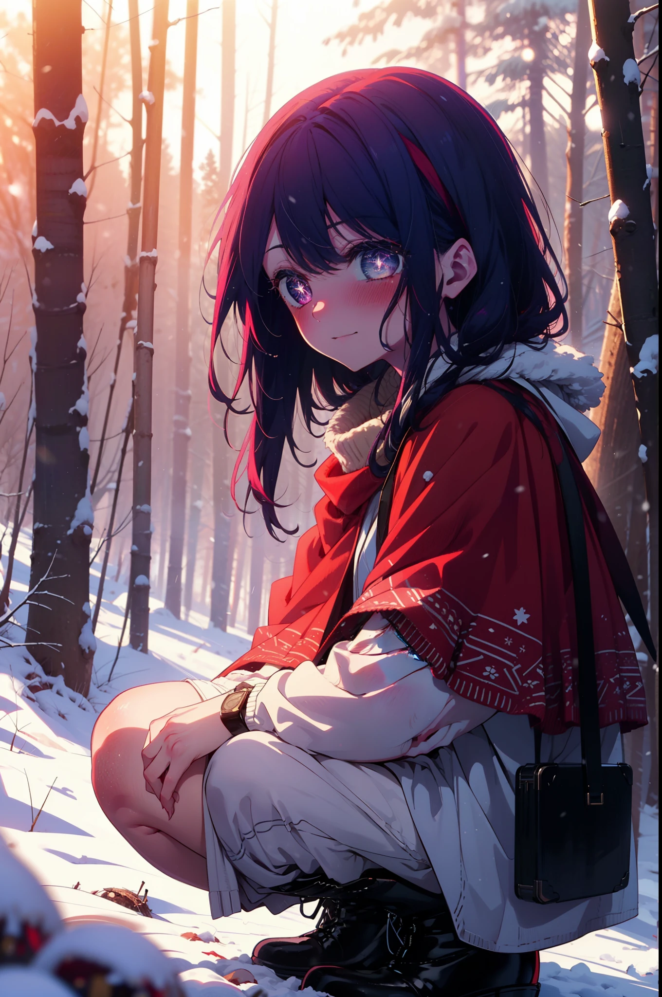 aihoshino, Ai Hoshino, Long Hair, bangs, (Purple eyes:1.1), Purple Hair, (Symbol-shaped pupil:1.5), smile,,smile,blush,white breath,
Open your mouth,snow,Ground bonfire, Outdoor, boots, snowing, From the side, wood, suitcase, Cape, Blurred, , forest, White handbag, nature,  Squat, Mouth closed, Cape, winter, Written boundary depth, Black shoes, red Cape break looking at viewer, Upper Body, whole body, break Outdoor, forest, nature, break (masterpiece:1.2), Highest quality, High resolution, unity 8k wallpaper, (shape:0.8), (Beautiful and beautiful eyes:1.6), Highly detailed face, Perfect lighting, Highly detailed CG, (Perfect hands, Perfect Anatomy),