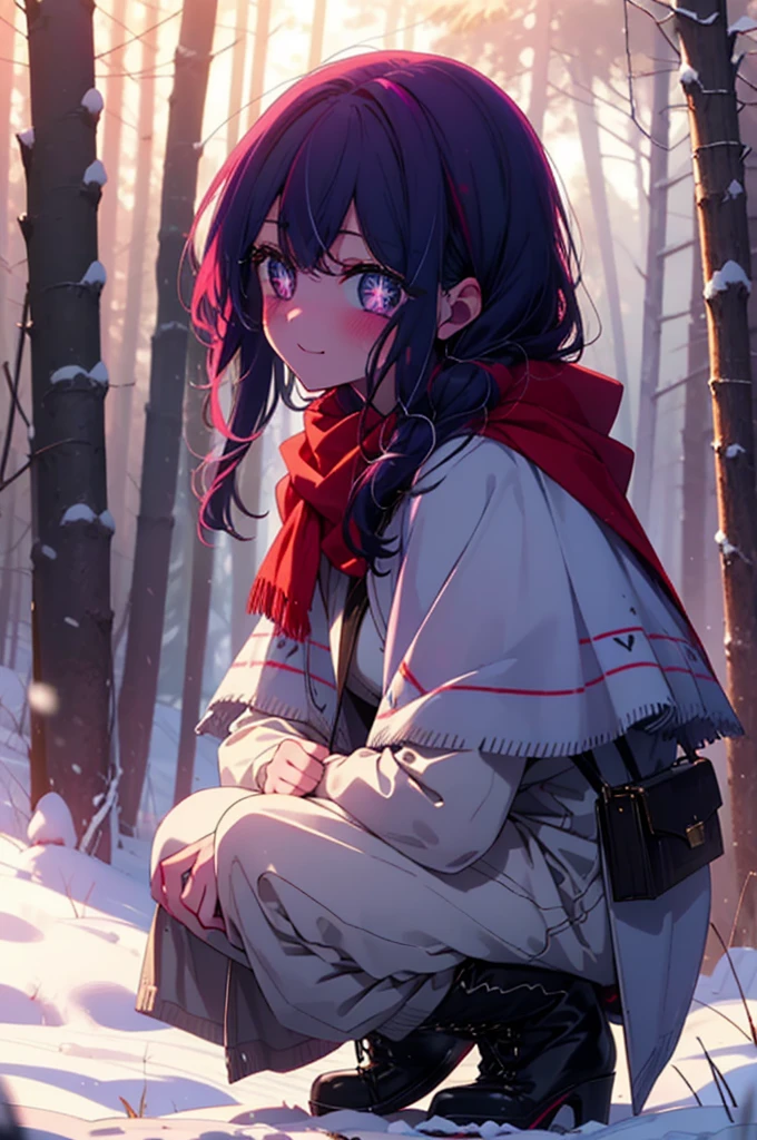 aihoshino, Ai Hoshino, Long Hair, bangs, (Purple eyes:1.1), Purple Hair, (Symbol-shaped pupil:1.5), smile,,smile,blush,white breath,
Open your mouth,snow,Ground bonfire, Outdoor, boots, snowing, From the side, wood, suitcase, Cape, Blurred, , forest, White handbag, nature, Squat, Mouth closed, Cape, winter, Written boundary depth, Black shoes, red Cape break looking at viewer, Upper Body, whole body, break Outdoor, forest, nature, break (masterpiece:1.2), Highest quality, High resolution, unity 8k wallpaper, (shape:0.8), (Beautiful and beautiful eyes:1.6), Highly detailed face, Perfect lighting, Highly detailed CG, (Perfect hands, Perfect Anatomy),