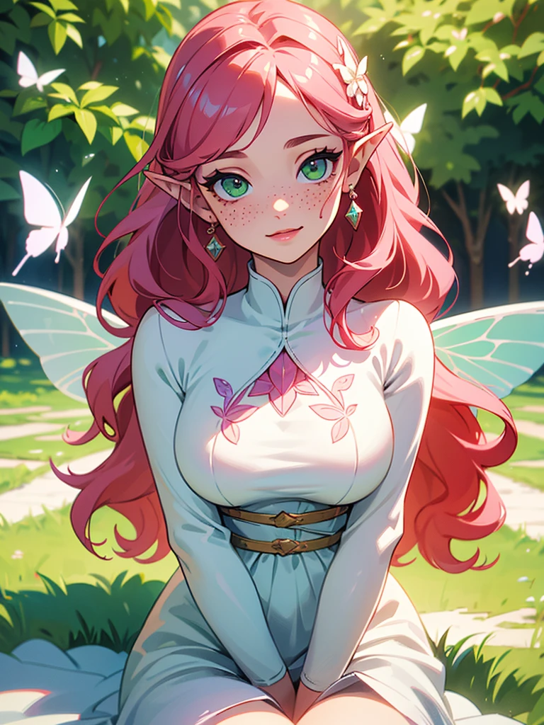 ((highest quallity)), ((work of art)), (detailded), （(face perfect)), portrait of a girl with skin as clear as milk, green eyes and large eyelashes, pink lips, cheeks, (long and wavy pinkish-red hair), (Francis on the test), (freckles on the skin), feminine and curvy body, (breasts big), elf ears, delicate and feminine white dress with pink and green details. delicate white fairy wings, bright and sparkling. the setting is a flowery, colorful and sunny garden, butterflies around her. she is looking at the camera, She has a docile and happy expression, glare eyes, and has a beautiful smile on her lips, as cheeks estão coradas, She's sitting on the grass. with his hand on his cheek
