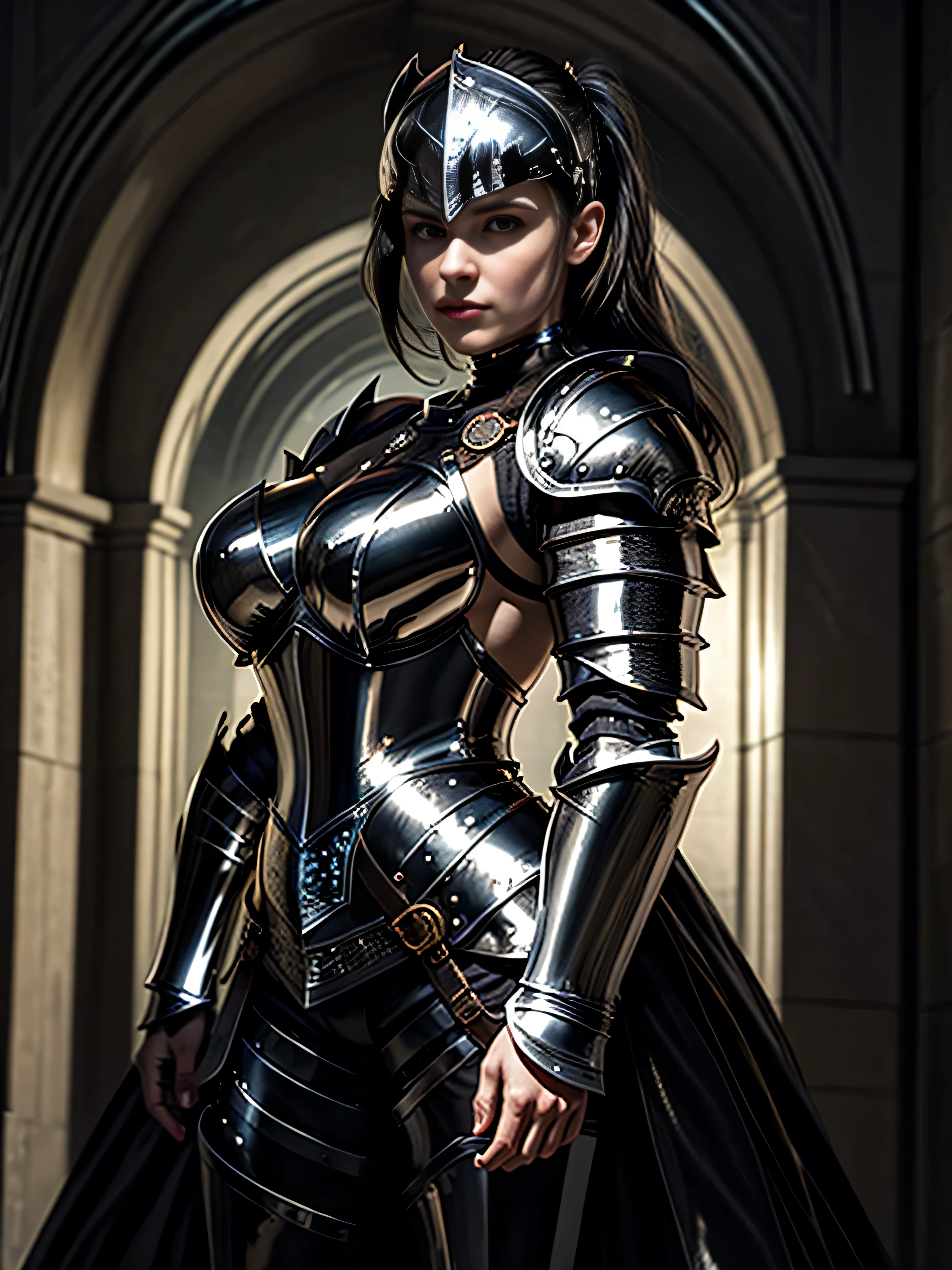 (masterpiece, photorealistic:1.4, extremely intricate:1.3), (photon mapping, radiosity, physically based rendering, ultra resolution, hyper-realistic, photorealistic:1.4, hyper-realistic, 8K, dtx), ((female [bodybuilder:supermodel:0.7], ([large breasts:medium breasts:0.2], (black chrome renaissance armor:1.6), upper torso)), short ponytail black hair), (background inside of a medieval throne room, shadow, (dim, dark, shadow, volumetric, side view:0.5))