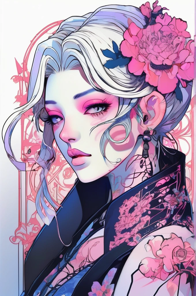 、A stunning anime girl with an intricate floral tattoo on her neck, exuding elegance and beauty.,in the style of neon realism, dark pink and light black, gothic art nouveau, anime-inspired character designs, dark white and indigo, bold yet graceful, cyberpunk manga, detailed costumes