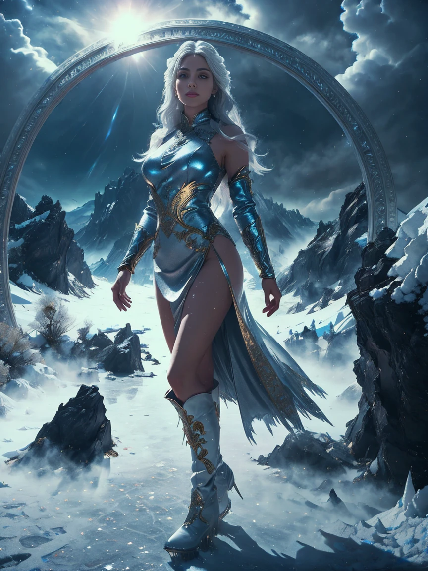 whole body, sexy princess woman, standing, watching distant mountains, very long gray hair, Waist slender, round background, with short pleated white leather skirt, with gold embroidery, high white boots, Ultra-realistic skin texture, sensual curves, Sensual Gaze, your hair body is covered with chin north pole in the snow, arid landscape, fog, blowing snow, weak, soft light, gloomy dark clouds, ice palace in the distance, cool colours, photorrealistic, Super-Realistic, the highest resolution with extremely complex details 8k