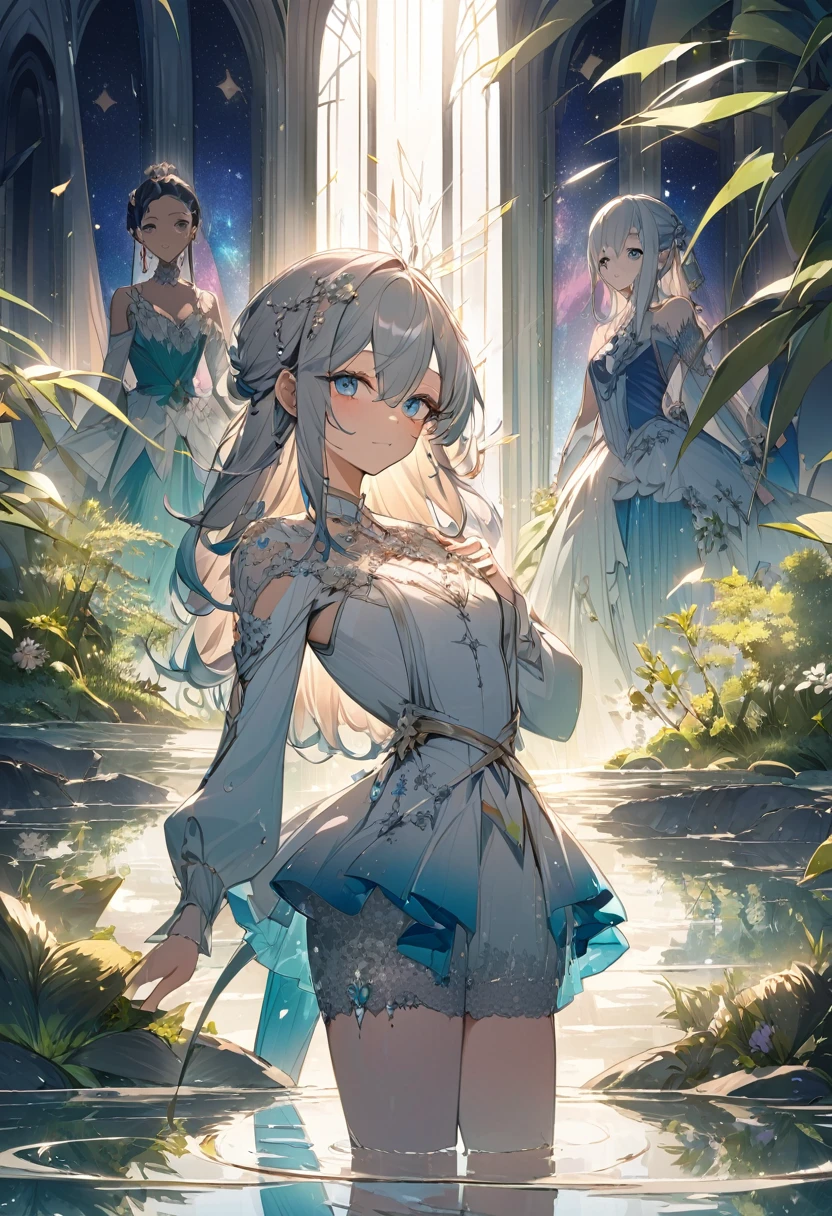 (chef-d'œuvre:1.8), ((ultra qualité)), ((très belle illustration)), ((superbe cg)), (Anatomie parfaite:1.2), membre et main et doigt et bras, mains doigt,
1 fille seulement, de face, ((fille très belle et mignonne)), ((Fille de 18 ans)), ((cheveux colorés argent), (Cheveux très longs), claquer, tresser, yeux bleus fins et détaillés, petit libérien, ((Révérence)), (crevasse couverte), (clavicule), bijoux, des boucles d'oreilles, lèvres entrouvertes, ((robe blanche bordée de dentelle:1.8)), ((robe blanche à finitions dorées)), ((robe dos nu:1.6)), (Voir à travers), nombril couvert, peaudentation, ((Broderie argentée)), ((Broderie argentée sur l'ourlet)), ((broderie florale)), ((ailes blanches))
(meilleure ombre:1.3),
(ombre douce:1.1),
(belle ombre:1.3),
(beau reflet:1.3),
(Lumière prismatique),
(lumière étincelante),
(Belle lumière),
(lumière fantastique),
(réflexion prismatique),
(Réflexion douce:1.3),
(réflexion naturelle:1.2),