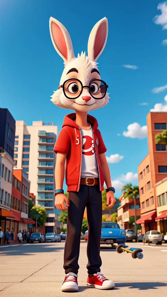 An illustration of an anthropomorphized rabbit in a style similar to that of the Looney Tunes characters, but with a modern touch. The rabbit is wearing black sunglasses and a red t-shirt, along with blue shorts and red sneakers. Stands confidently, holding a skateboard in his front paws. The rabbit's pose and attitude exude a relaxed and carefree vibe., like that of a young skater on a sunny day. The background is simple and light blue., highlighting the character. The illustration style is clean and vibrant, with clear lines and bright colors, evoking an air of fun and youth."