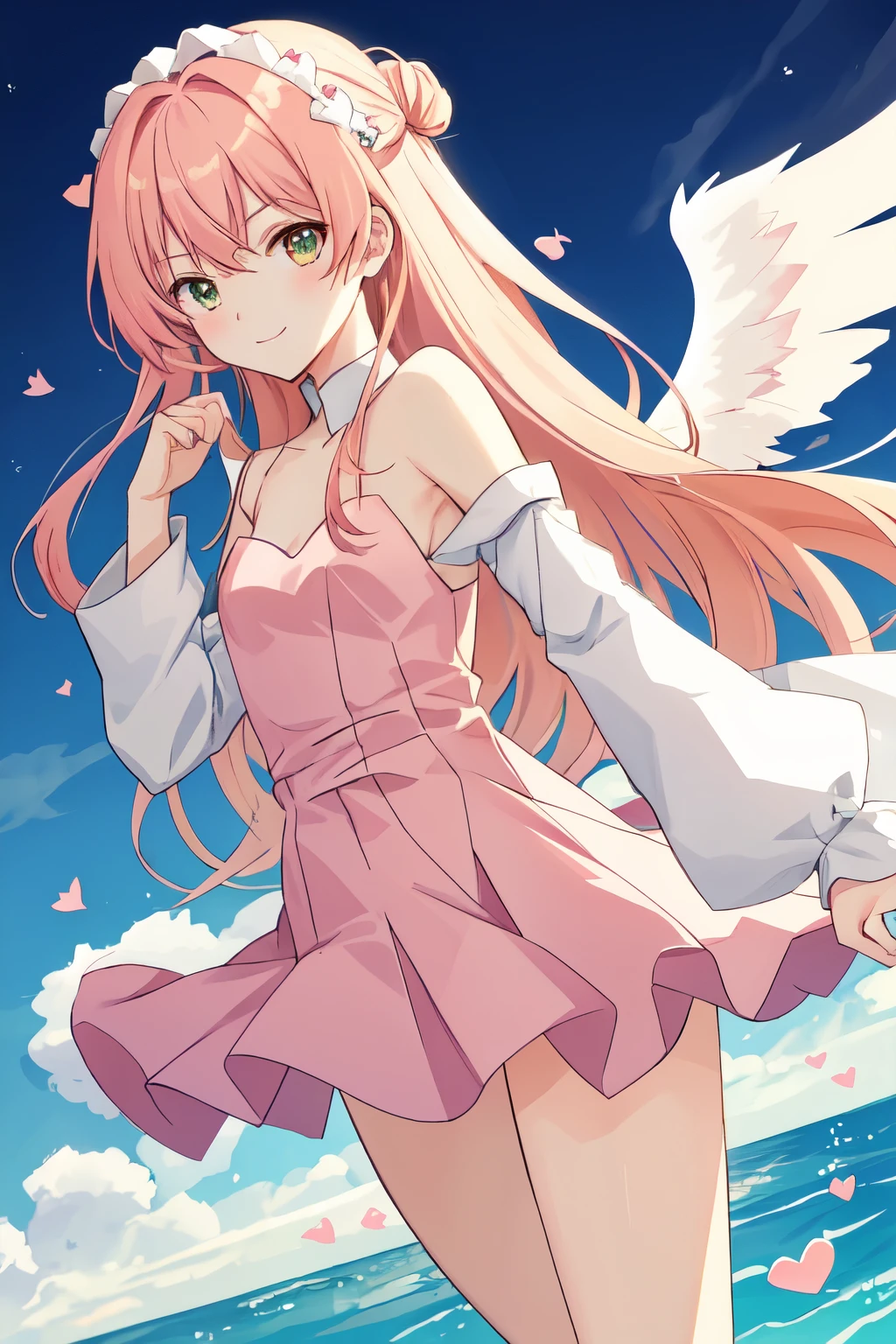 1_girl, (anime, kawai:2), (masterpeice, best_quality, clean:1.5), (sky_background:1.2), (cute, cute_smile, wholesome, young:2), (delicate, extremely_delicate, beautiful, thin:1.5), (girlfriend, angel:1.8), (green_eyes, simple_eyes:1.8) (long_hair, blond_hair:1.8), (combat:1.2), (wearing_pink_dress, pink_angel_wings:1.8), (combat:1.2), extremely_delicate, (love_magic:1.5), (age_size_fits_body), (small_thighs:1.3), (breasts), (eye_level:1.3), (heart_magic, love:1.8), (warm:1.8), (folded_legs:1.5)