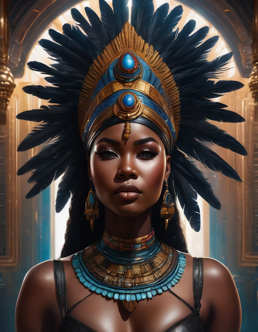 full body view from behind, oil painting style, spaceship interior, beautiful busty African woman, black feather headdress, detailed face, detailed eyes, detailed lips, extremely detailed, intricate details, cinematic lighting, dramatic shadows, vivid colors, photorealistic, 8k, high quality, masterpiece, digital art