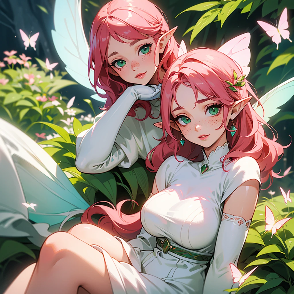 ((highest quallity)), ((work of art)), (detailded), ((face perfect)), portrait of a girl with skin as clear as milk, green eyes and large eyelashes, pink lips, cheeks, (long and wavy pinkish-red hair), (Francis on the test), (freckles on the skin), feminine and curvy body, (breasts big), (elf ears), (delicate and feminine white dress with pink and green details). (large white delicate fairy wings), bright and sparkling. the setting is a flowery, colorful and sunny garden, butterflies around her. she is looking at the camera, She has a docile and happy expression, glare eyes, and has a beautiful smile on her lips, as cheeks estão coradas, She's sitting on the grass. with his hand on his cheek
