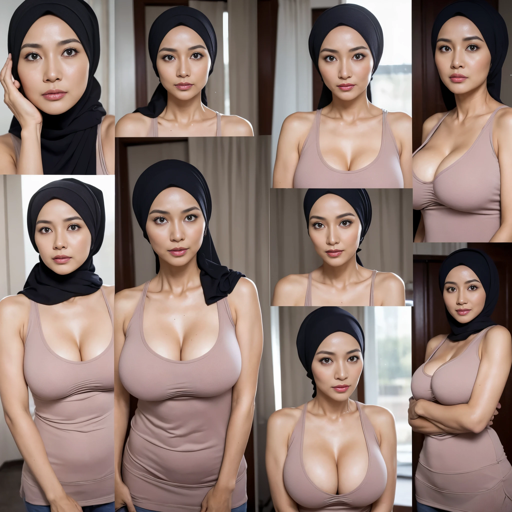 (((48 years Old, Indonesian Beauty MILF, Expatriate))) ((Beauty Natural Large Breast)), after sex with her husband Boss , (((wearing Hijab, Tight Tank Top))), ((Double K Cup breast))), Busty body, Wet body, having bath, heavy shower,pour water from the shower, holding the shower hose and wetting her body, at bathroom, Upper body Shot, gravure Idol, Cold Situation, tired face, repeatedly had intimate relations with her husband's boss without her husband's knowledge, A face full of regret for betraying her husband's loyalty, (((Multiple Photos In One Frame :1.2)))