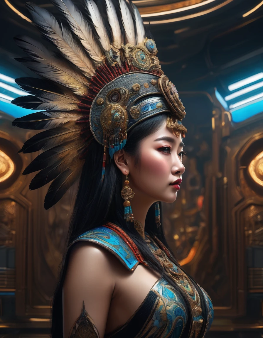 full body view from behind, oil painting style, spaceship interior, beautiful busty asian woman, black feather headdress, detailed face, detailed eyes, detailed lips, extremely detailed, intricate details, cinematic lighting, dramatic shadows, vivid colors, photorealistic, 8k, high quality, masterpiece, digital art