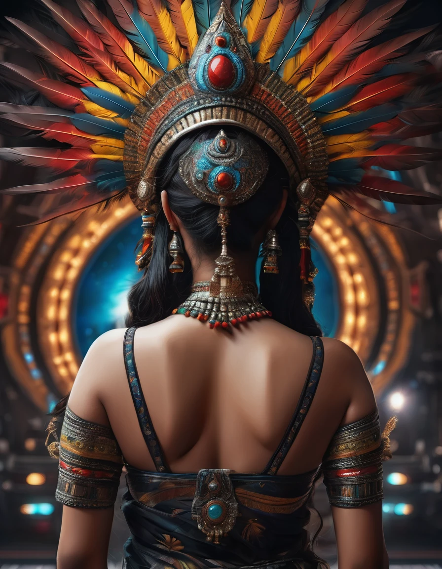 full body view from behind, oil painting style, spaceship interior, beautiful busty nude Mongolian woman, black feather headdress, detailed face, detailed eyes, detailed lips, extremely detailed, intricate details, cinematic lighting, dramatic shadows, vivid colors, photorealistic, 8k, high quality, masterpiece, digital art