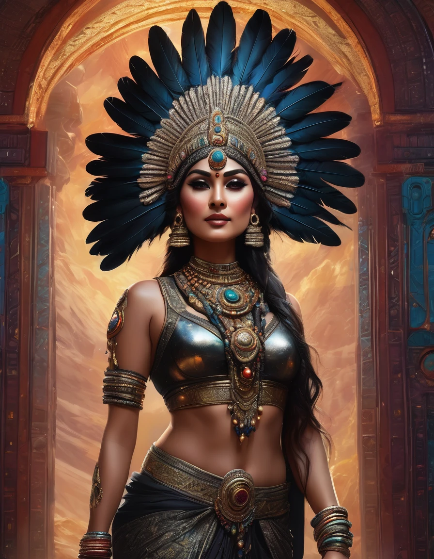 full body view from behind, oil painting style, spaceship interior, beautiful busty Indian woman, black feather headdress, detailed face, detailed eyes, detailed lips, extremely detailed, intricate details, cinematic lighting, dramatic shadows, vivid colors, photorealistic, 8k, high quality, masterpiece, digital art