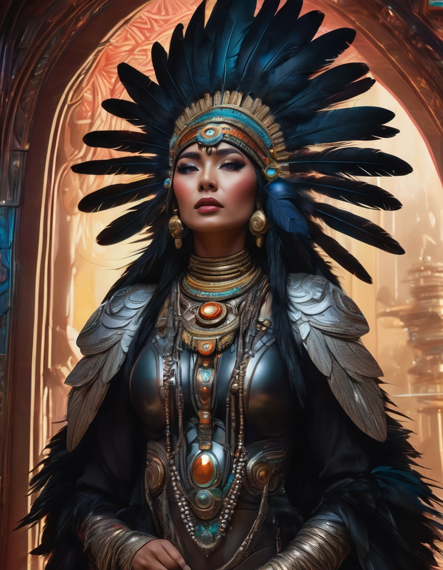 full body view from behind, oil painting style, spaceship interior, beautiful busty native woman, black feather headdress, detailed face, detailed eyes, detailed lips, extremely detailed, intricate details, cinematic lighting, dramatic shadows, vivid colors, photorealistic, 8k, high quality, masterpiece, digital art