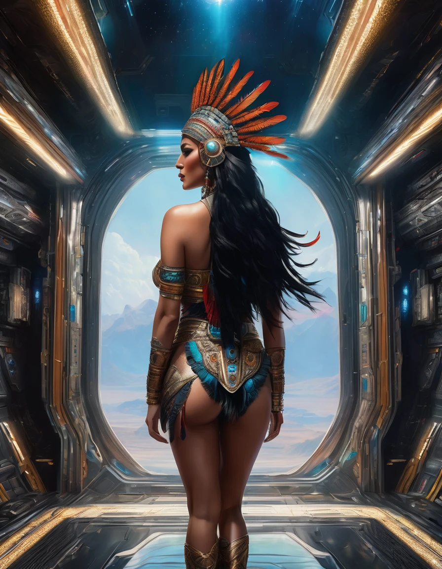 full body view from behind, oil painting style, spaceship interior, beautiful busty native woman, black feather headdress, detailed face, detailed eyes, detailed lips, extremely detailed, intricate details, cinematic lighting, dramatic shadows, vivid colors, photorealistic, 8k, high quality, masterpiece, digital art