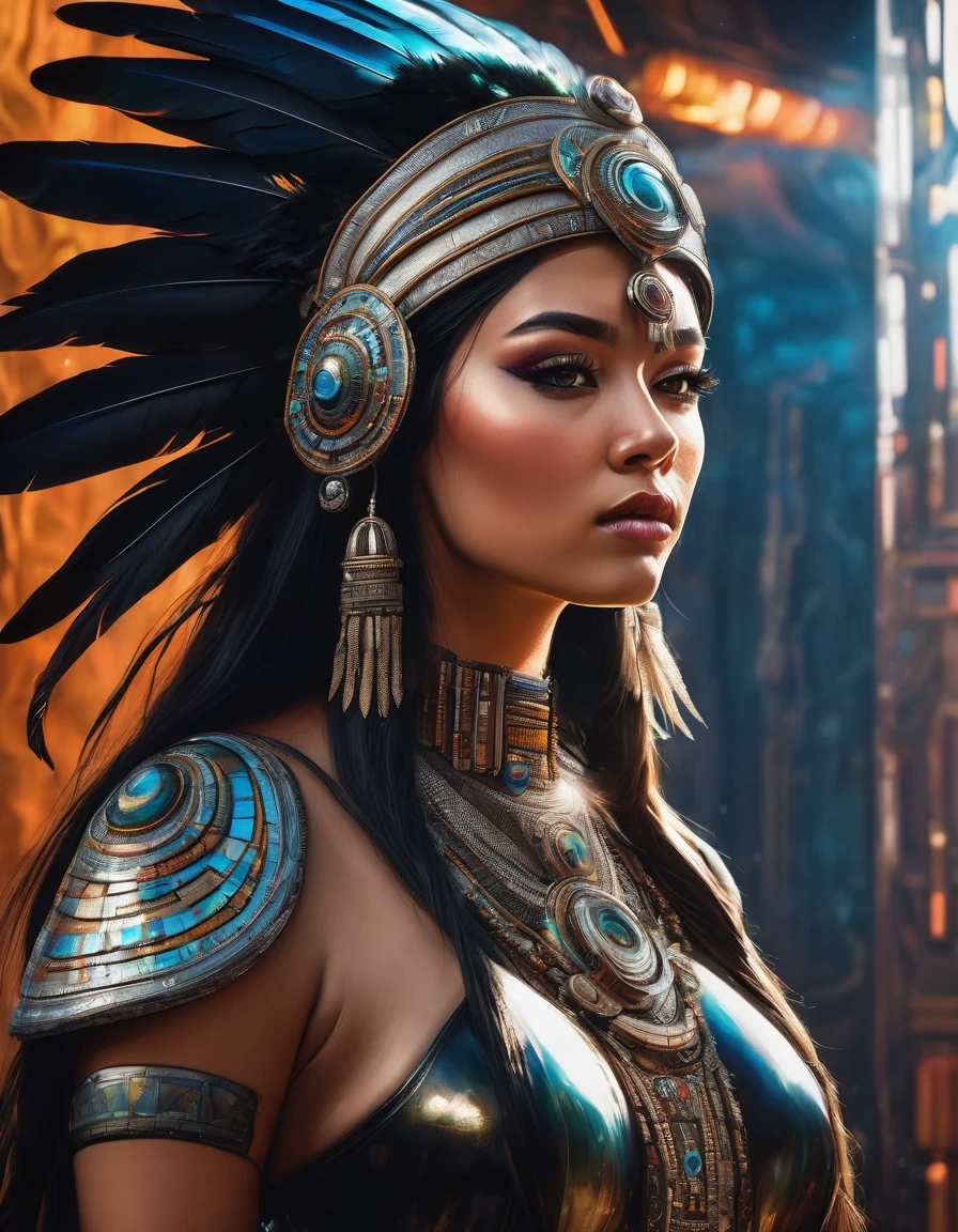 full body view from behind, oil painting style, spaceship interior, beautiful busty native woman, black feather headdress, detailed face, detailed eyes, detailed lips, extremely detailed, intricate details, cinematic lighting, dramatic shadows, vivid colors, photorealistic, 8k, high quality, masterpiece, digital art
