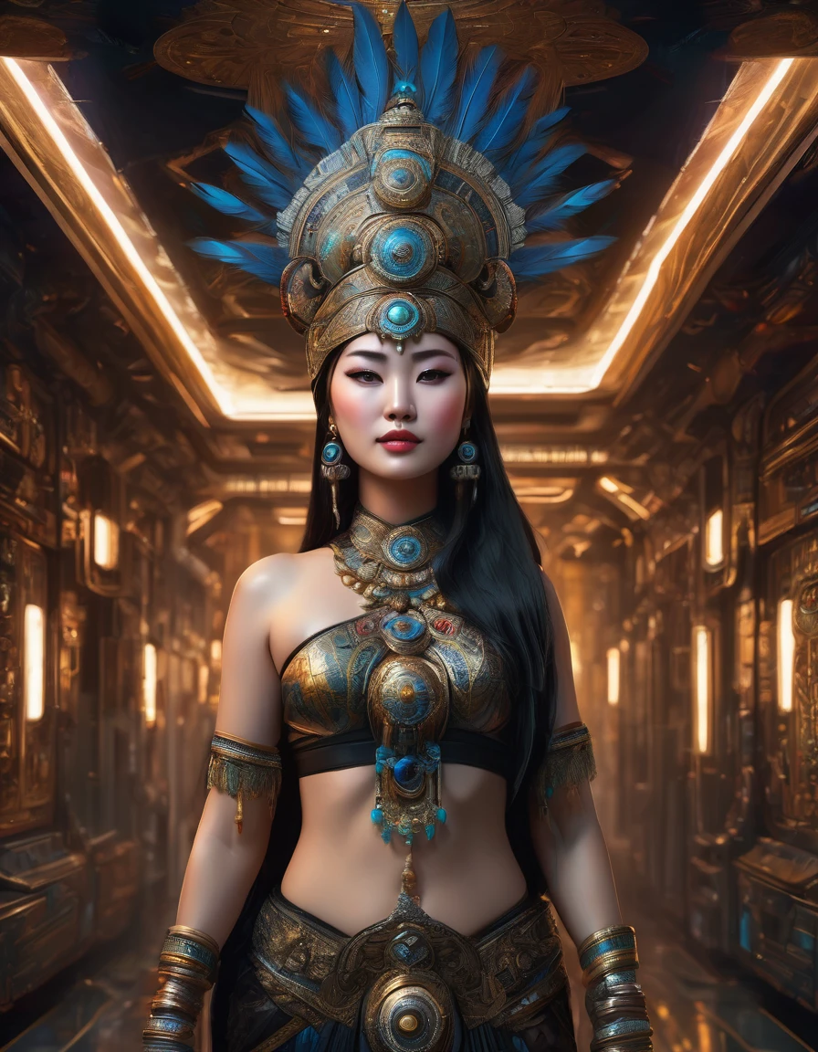 full body view from behind, oil painting style, spaceship interior, beautiful busty Mongolian woman, black feather headdress, detailed face, detailed eyes, detailed lips, extremely detailed, intricate details, cinematic lighting, dramatic shadows, vivid colors, photorealistic, 8k, high quality, masterpiece, digital art