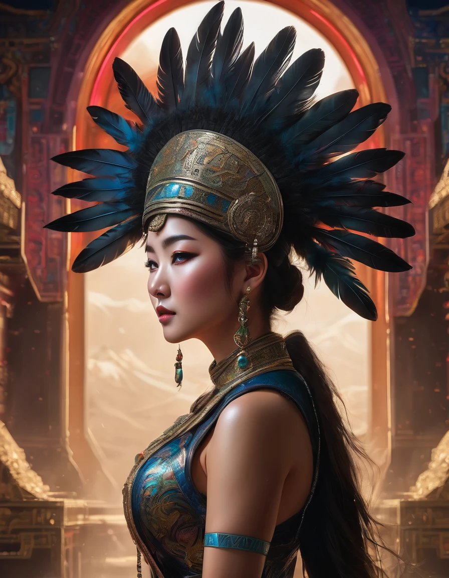 full body view from behind, oil painting style, spaceship interior, beautiful busty Mongolian woman, black feather headdress, detailed face, detailed eyes, detailed lips, extremely detailed, intricate details, cinematic lighting, dramatic shadows, vivid colors, photorealistic, 8k, high quality, masterpiece, digital art