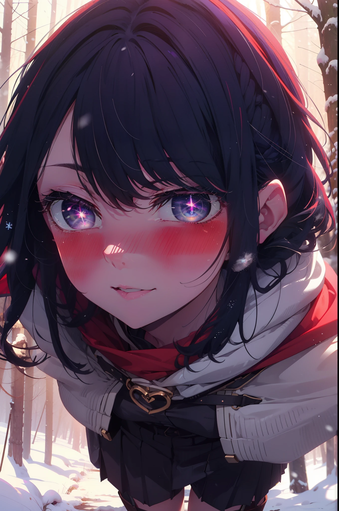 aihoshino, Ai Hoshino, Long Hair, bangs, (Purple eyes:1.1), Purple Hair, (Symbol-shaped pupil:1.5), smile,,smile,blush,white breath,
Open your mouth,snow,Ground bonfire, Outdoor, boots, snowing, From the side, wood, suitcase, Cape, Blurred, , forest, White handbag, nature, Squat, Mouth closed, Cape, winter, Written boundary depth, Black shoes, red Cape break looking at viewer, Upper Body, whole body, break Outdoor, forest, nature, break (masterpiece:1.2), Highest quality, High resolution, unity 8k wallpaper, (shape:0.8), (Beautiful and beautiful eyes:1.6), Highly detailed face, Perfect lighting, Highly detailed CG, (Perfect hands, Perfect Anatomy),