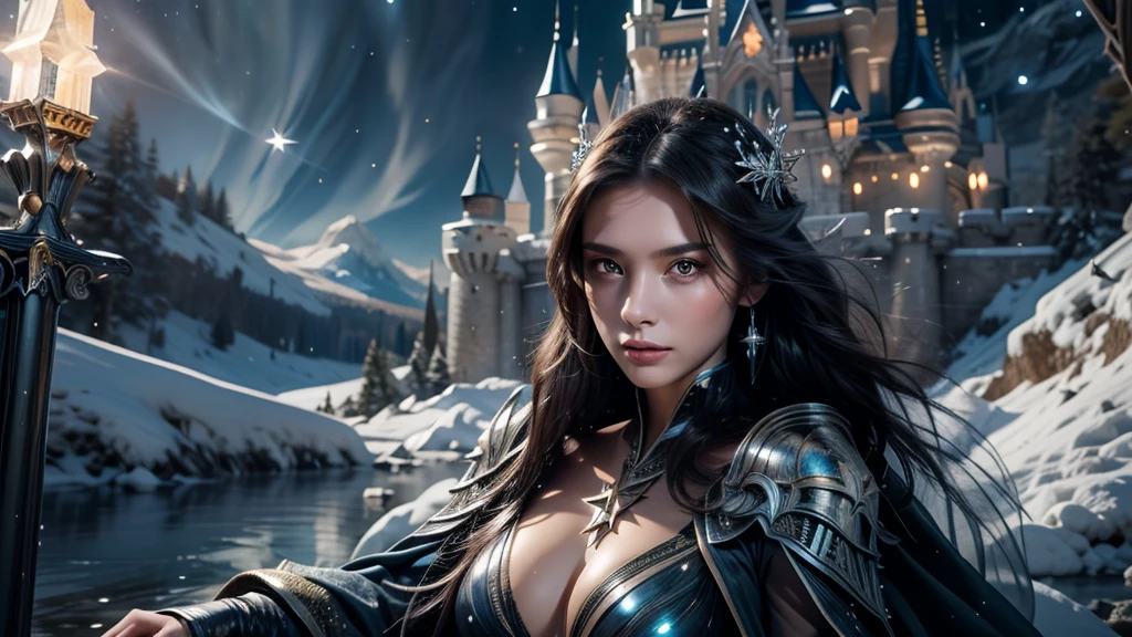 masterpiece, rest, best quality, Very detailed, Super real, 16K, high resolution, castle，snow, ((Starry Sky)),Female Mage，Gorgeous robe，Complex Mode，Pretty Face，Closed mouth，dramatic，Half-length photo，Glowing scepter，Black Wings，Large Breasts