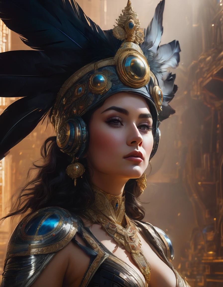 full body view from behind, oil painting style, spaceship interior, beautiful busty Russian woman, black feather headdress, detailed face, detailed eyes, detailed lips, extremely detailed, intricate details, cinematic lighting, dramatic shadows, vivid colors, photorealistic, 8k, high quality, masterpiece, digital art