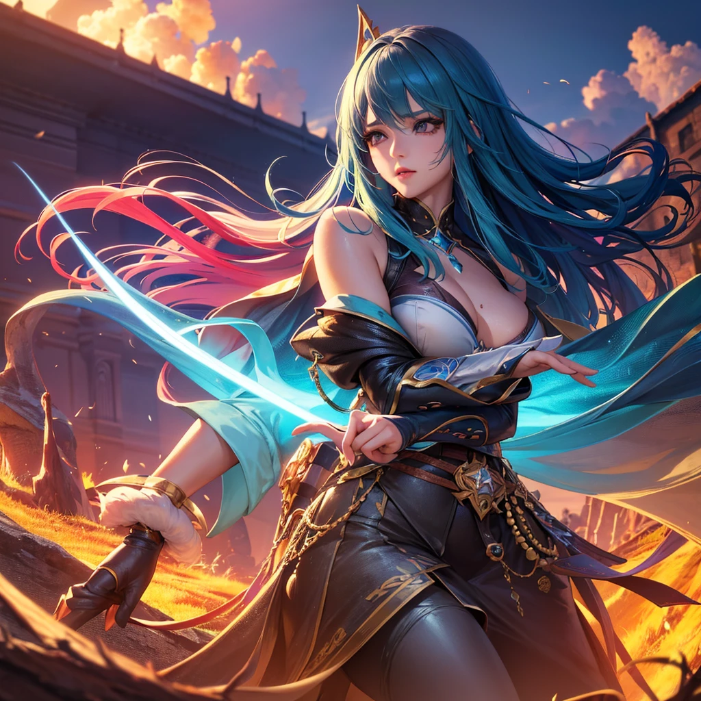 a cute anime character of Rimuru Tempest, 1girl, beautiful detailed eyes, beautiful detailed lips, extremely detailed face, long eyelashes, soft facial expression, detailed skin texture, beautiful hair color and style, solo, fantasy landscape background, (best quality,4k,8k,highres,masterpiece:1.2),ultra-detailed,(realistic,photorealistic,photo-realistic:1.37),vibrant colors,dramatic lighting,cinematic composition,highly detailed environment pelada