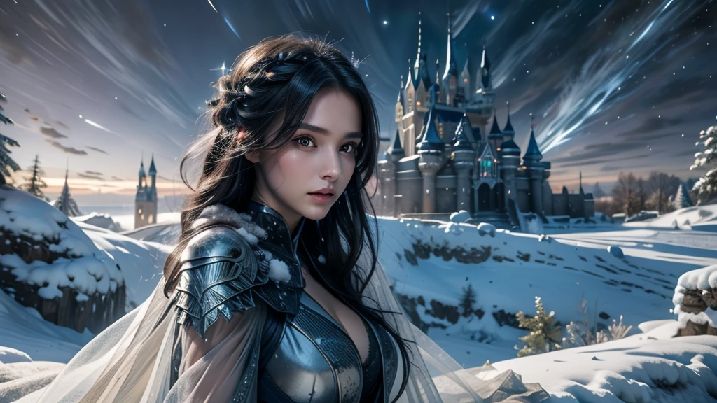 masterpiece, rest, best quality, Very detailed, Super real, 16K, high resolution, castle,snow, ((Starry Sky)),Female Mage,Gorgeous robe,Complex Mode,Pretty Face,Closed mouth,dramatic,Half-length photo,Glowing scepter,Black Wings,Large Breasts