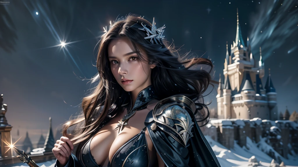 masterpiece, rest, best quality, Very detailed, Super real, 16K, high resolution, castle,snow, ((Starry Sky)),Female Mage,Gorgeous robe,Complex Mode,Pretty Face,Closed mouth,dramatic,Half-length photo,Glowing scepter,Black Wings,Large Breasts