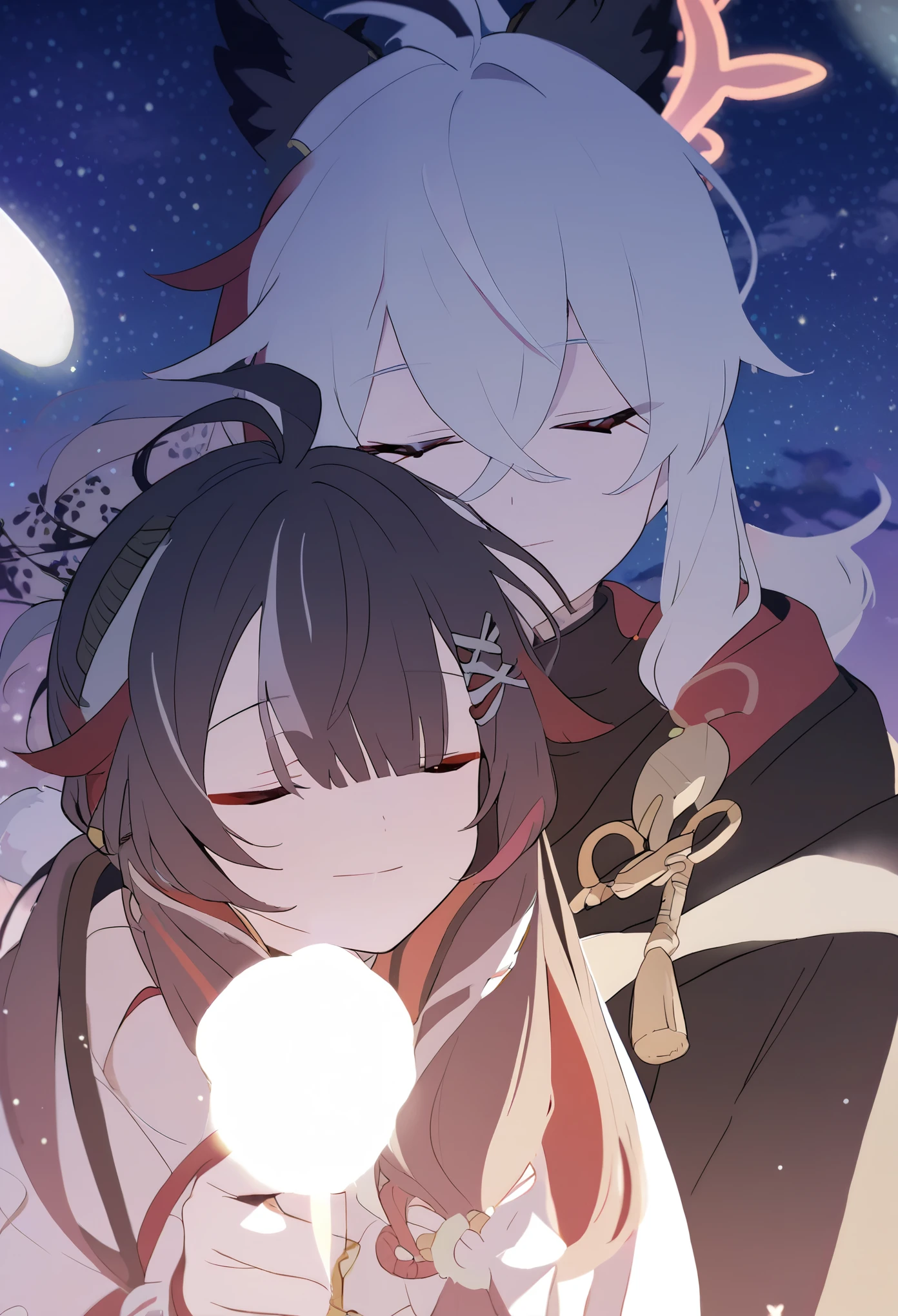 man and woman couple, couple, under the stars, beautiful starry sky, at night, a little stuck, 1 girl, Columbina, multicilor hair, two color hair, colored inner hair, decoration for your hair, black fur, dark fur, with red outline, Closed eyes, 1 chico, Kaedehara Kazuha, white hair with a red streak, hair ornament