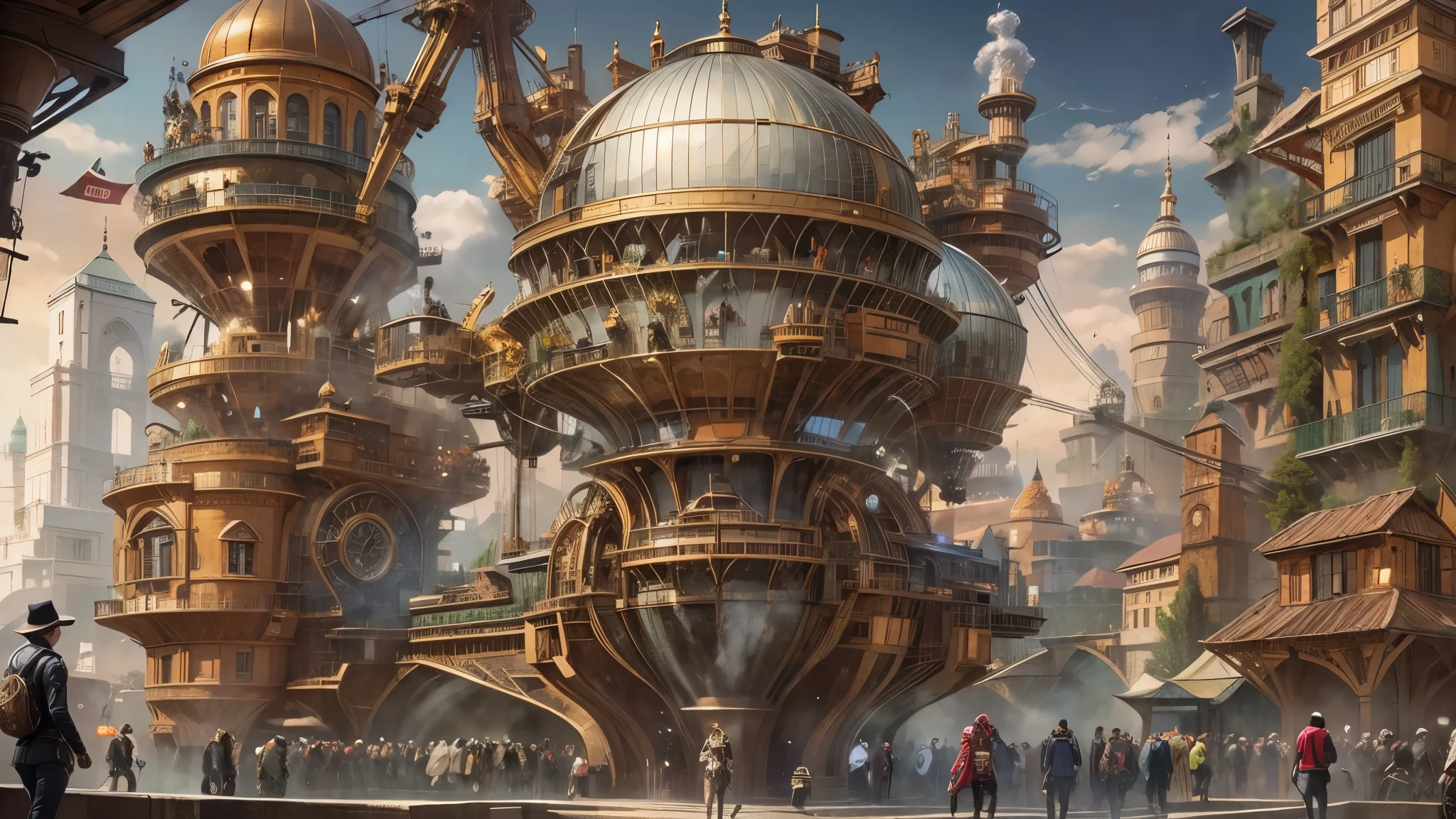 Landscape painting,A futuristic city where robots and humans live together,busy street,Shopping Street,lively cityscape,Walking mechanism robot:humanoid,human:16th century costume,Steampunk element,Mechanical engineering,Mechanically,Mechanical,intricate details,very fine,High resolution,high quality,最high quality,clearly,Be clear,beautiful light and shadow,Three dimensions,complex configuration,mechanism,dynamic,16th century london,Select a product,Enjoy watching,structural aesthetics,Mechanical Engine,nice,rendering,metallic luster,happy person々,anatomically correct