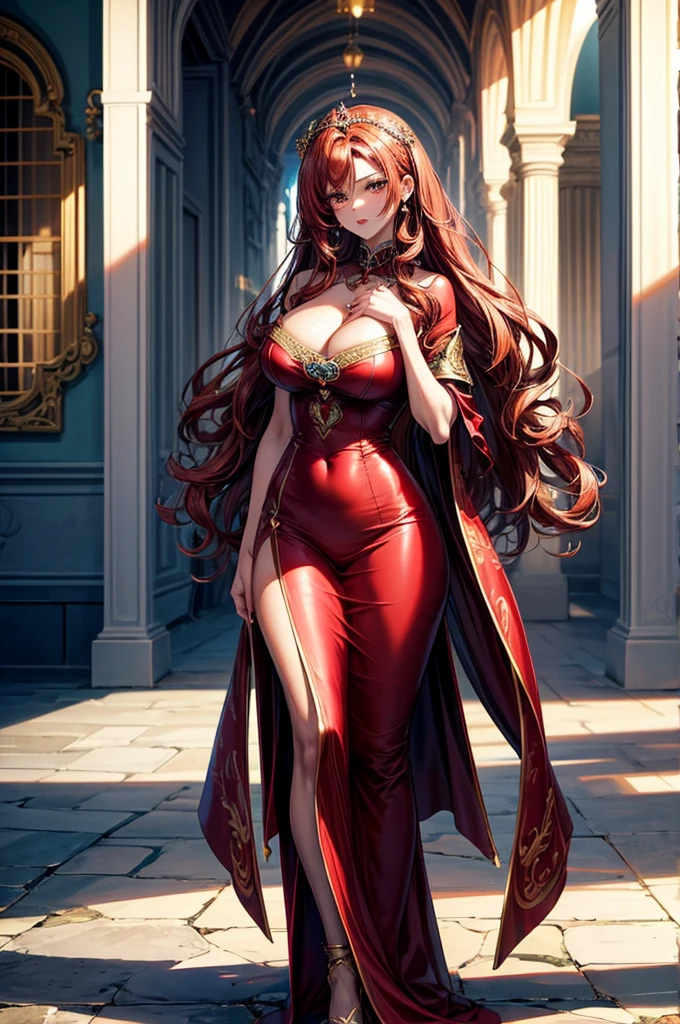 highest quality, ultra high resolution, super detailed, gorgeous, masterpiece, best quality, high resolution finely detailed, extremely beautiful, distinct image, glistening caramel brown skin, piercing golden eyes, curly fiery red hair, slender alluring older woman, 40 years old, elegant long empress dress, (((MILF))), 1 woman, solo, sharp facial features, empress like aura and majesty, symmetrical shaped face, fiery red lips, medium height(174cm), slender and thick, toned body type, Gothic modern city setting