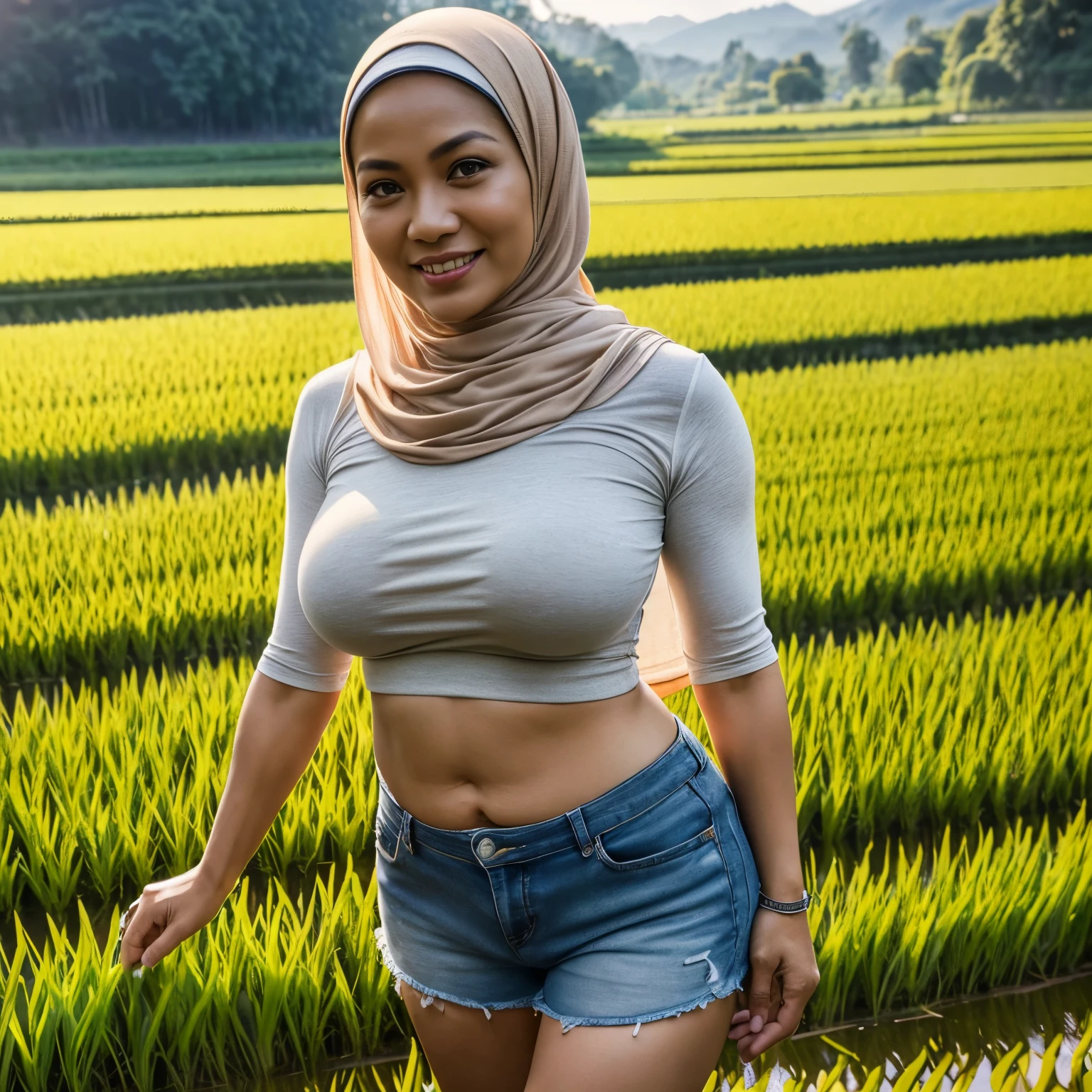 ((46 years old, Indonesian Mature woman, mature age woman, Hijab, Wearing Tight Mini Short-Sleeve T-shirt))), ((Beauty Rural Woman)), ((Natural Gigantic Saggy Breast : 1.4)), casual Pose, Smiling face, Professional Photoghraphy, work By Master Of Photoghraphy, (((At Rice Field))), ((Showing her belly)), realistic Light, Deep photo, Full body shot, 32K Best Quality photo, Ultra-high reallistic Photos.