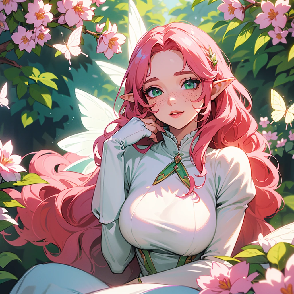 ((highest quallity)), ((work of art)), (detailded), ((face perfect)), portrait of a girl with skin as clear as milk, green eyes and large eyelashes, pink lips, cheeks, (long and wavy pinkish-red hair), (Francis on the test), (freckles on the skin), feminine and curvy body, (breasts big), (elf ears), (delicate and feminine dress with white colors, pink and green). (large white delicate fairy wings, bright and sparkling). the setting is a flowery, colorful and sunny garden, butterflies around her. she is looking at the camera, She has a docile and happy expression, glare eyes, and has a beautiful smile on her lips, as cheeks estão coradas, She's sitting on the grass. with his hand on his cheek
