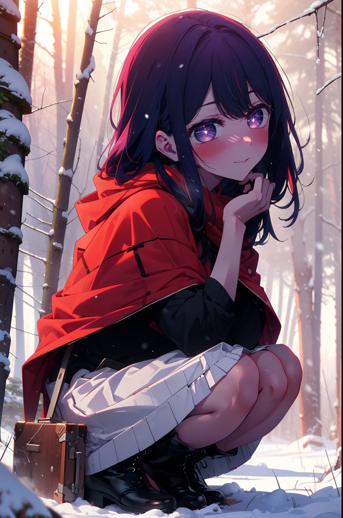 aihoshino, Ai Hoshino, Long Hair, bangs, (Purple eyes:1.1), Purple Hair, (Symbol-shaped pupil:1.5), smile,,smile,blush,white breath,
Open your mouth,snow,Ground bonfire, Outdoor, boots, snowing, From the side, wood, suitcase, Cape, Blurred, , forest, White handbag, nature,  Squat, Mouth closed, Cape, winter, Written boundary depth, Black shoes, red Cape break looking at viewer, Upper Body, whole body, break Outdoor, forest, nature, break (masterpiece:1.2), Highest quality, High resolution, unity 8k wallpaper, (shape:0.8), (Beautiful and beautiful eyes:1.6), Highly detailed face, Perfect lighting, Highly detailed CG, (Perfect hands, Perfect Anatomy),