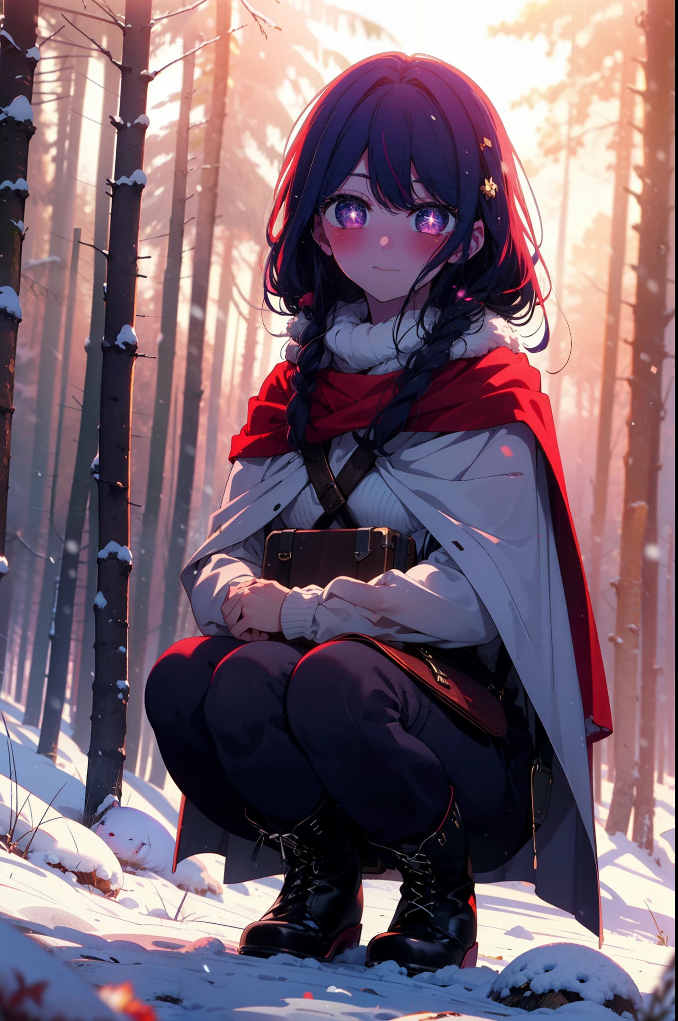 aihoshino, Ai Hoshino, Long Hair, bangs, (Purple eyes:1.1), Purple Hair, (Symbol-shaped pupil:1.5), smile,,smile,blush,white breath,
Open your mouth,snow,Ground bonfire, Outdoor, boots, snowing, From the side, wood, suitcase, Cape, Blurred, , forest, White handbag, nature, Squat, Mouth closed, Cape, winter, Written boundary depth, Black shoes, red Cape break looking at viewer, Upper Body, whole body, break Outdoor, forest, nature, break (masterpiece:1.2), Highest quality, High resolution, unity 8k wallpaper, (shape:0.8), (Beautiful and beautiful eyes:1.6), Highly detailed face, Perfect lighting, Highly detailed CG, (Perfect hands, Perfect Anatomy),