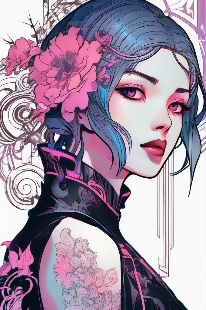 
、A stunning anime girl with an intricate floral tattoo on her neck, exuding elegance and beauty.,in the style of neon realism, dark pink and light black, gothic art nouveau, anime-inspired character designs, dark white and indigo, bold yet graceful, cyberpunk manga, detailed costumes