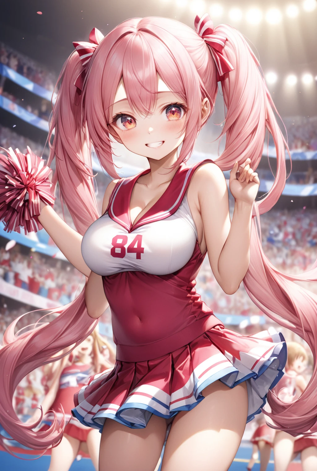 (Highest quality, 8k, 32K, masterpiece, Ultra-high resolution,:1.2),to be born, One Girl,So cute , Fantasy background like a ground, clear, Shining Eyes, Age 25 ,Fair skin, Girl with pink hair, A beautiful girl like a fox, Cheerleader, Slanted Eyes, Long Hair, An innocent smile, Grin, Large Breasts, mini skirt, Twin tails
