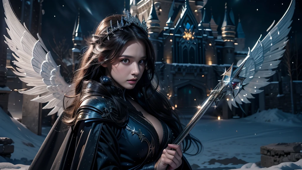 masterpiece, rest, best quality, Very detailed, Super real, 16K, high resolution, castle,snow, ((Starry Sky)),Female Mage,Gorgeous robe,Complex Mode,Pretty Face,Closed mouth,dramatic,Half-length photo,Glowing scepter,Black Wings,Large Breasts
