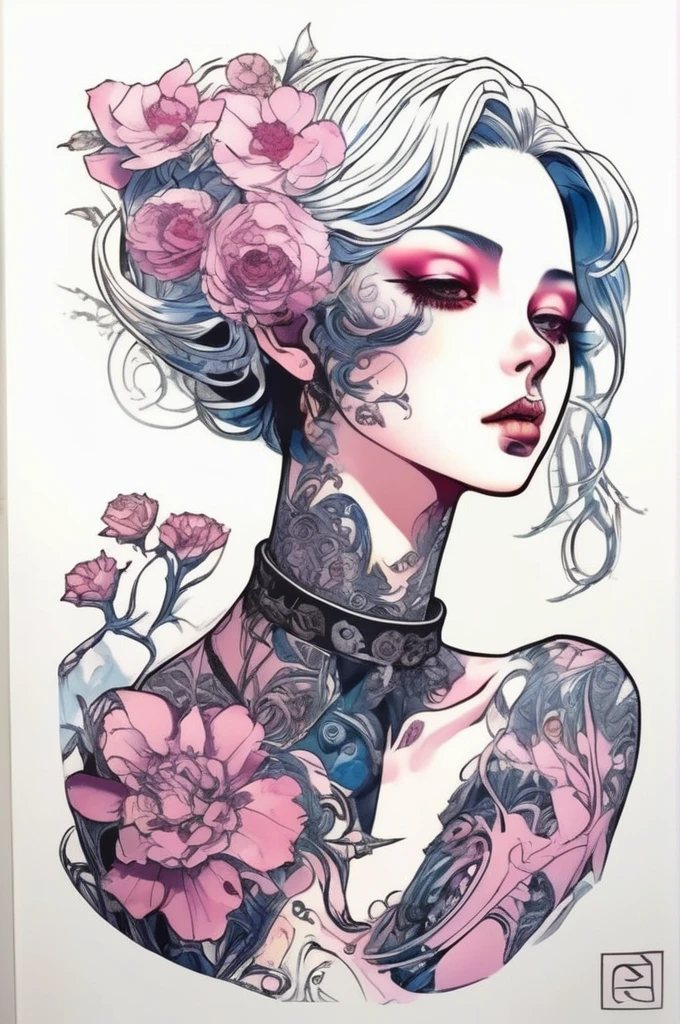 、A stunning anime girl with an intricate floral tattoo on her neck, exuding elegance and beauty.,in the style of neon realism, dark pink and light black, gothic art nouveau, anime-inspired character designs, dark white and indigo, bold yet graceful, cyberpunk manga, detailed costumes