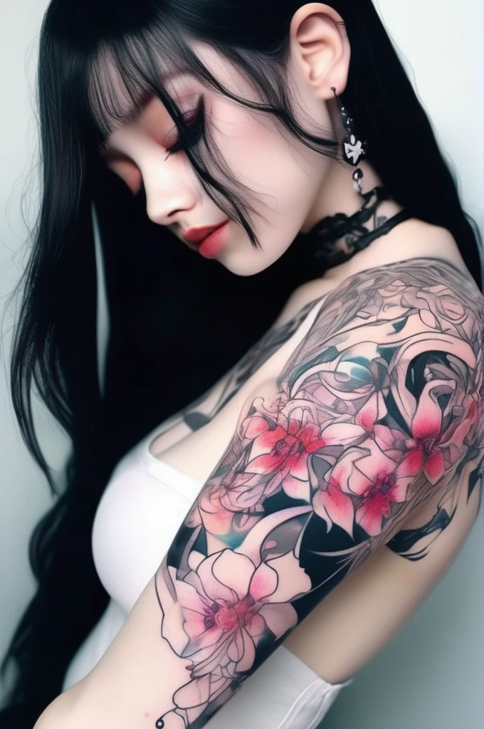 A woman with tattoos on her arms and forearms is posing, Exquisite digital illustrations, beautiful Amazing digital art, Beautiful and attractive anime woman, Beautiful artwork illustration, アニメ女性のFull Body Art, Anime characters; Full Body Art, Beautiful Anime Woman, Beautiful digital art, Amazing digital art, flowers in her dark hair, Tattoo styles, Beautiful drawing style, Beautiful anime style