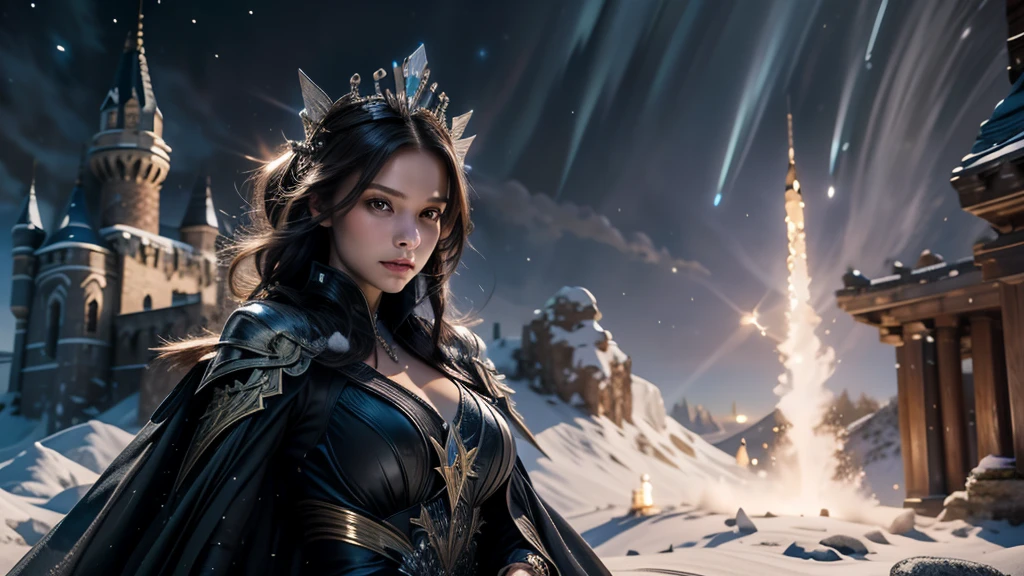 masterpiece, rest, best quality, Very detailed, Super real, 16K, high resolution, castle，snow, ((Starry Sky)),Female Mage，Gorgeous robe，Complex Mode，Pretty Face，Closed mouth，dramatic，Half-length photo，Glowing scepter，Black Wings，Large Breasts