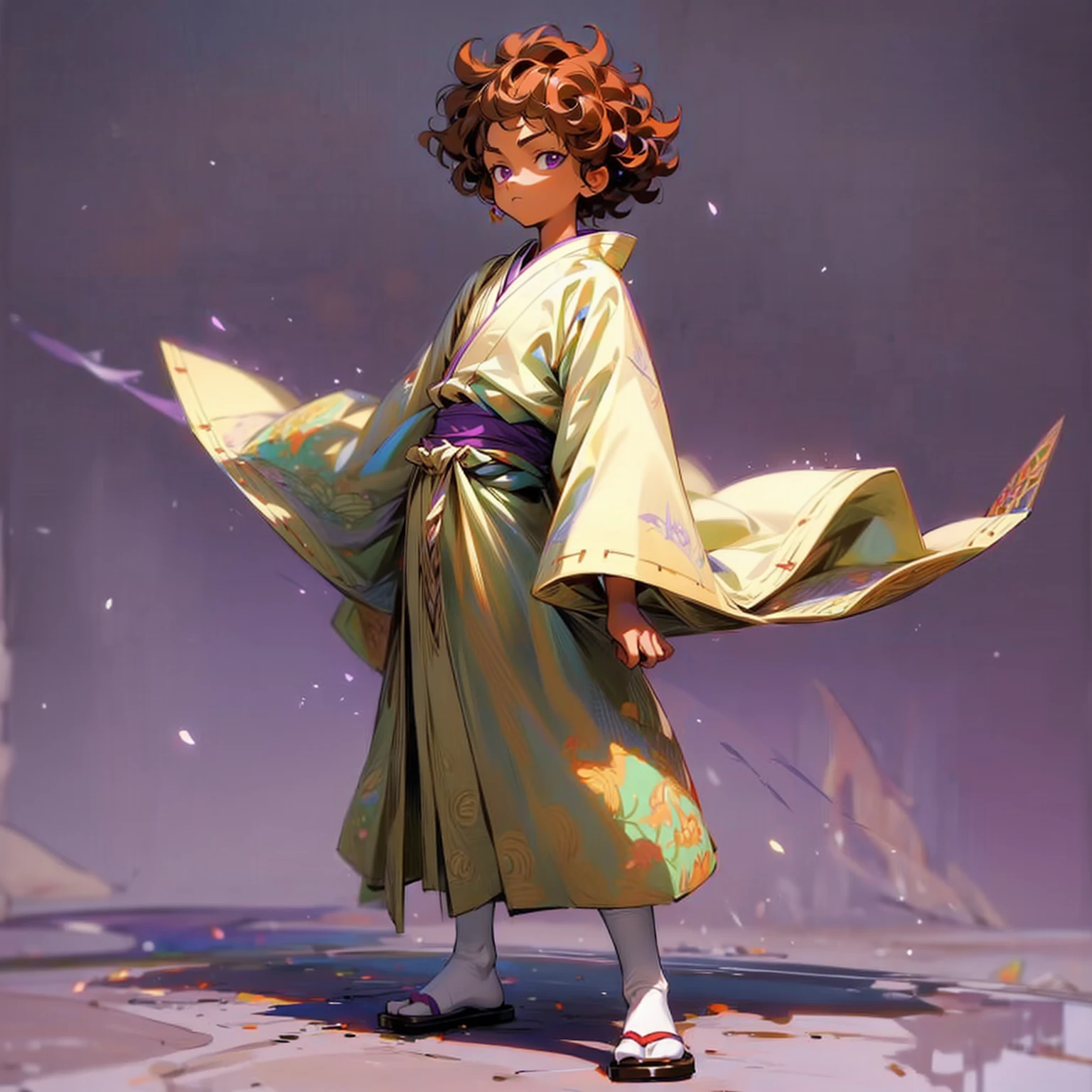 Solo character, full body version, ??? boy, tan skin, brown color hair, Curly hairstyle, purple eyes, Japanese tunic clothing, background is plain white, shadow, standing gesture, (one piece style art)