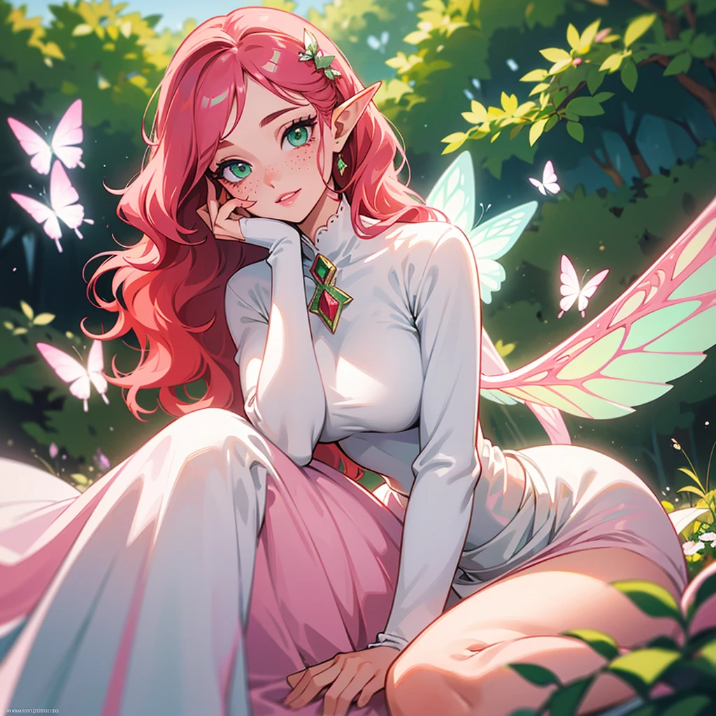 ((highest quallity)), ((work of art)), (detailded), （(face perfect)), portrait of a girl with skin as clear as milk, green eyes and large eyelashes, pink lips, cheeks, (long and wavy pinkish-red hair), (Francis on the test), (freckles on the skin), feminine and curvy body, (breasts big), (elf ears), (delicate and feminine dress with pink colors, green and white). (large white delicate fairy wings, bright and sparkling). the setting is a flowery, colorful and sunny garden, butterflies around her. she is looking at the camera, She has a docile and happy expression, glare eyes, and has a beautiful smile on her lips, as cheeks estão coradas, She's sitting on the grass. with his hand on his cheek