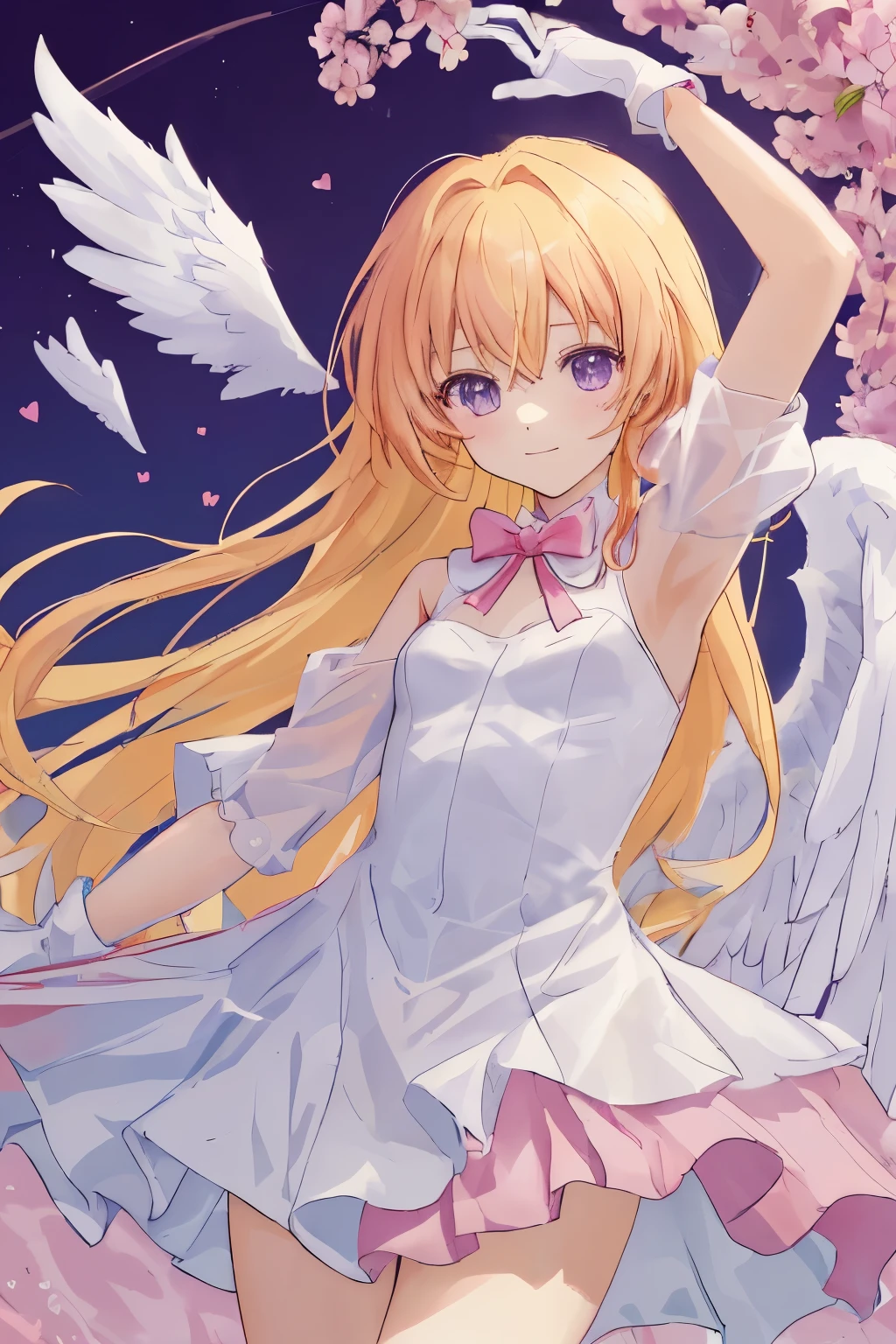 1_girl, (anime, kawai:2), (masterpeice, best_quality, simple, cute, dreamy, vibrant, clean, clear:1.8), (cute, cute_smile, young:1.6), (delicate, beautiful, thin:1.5), (girlfriend, angel:1.8), (green_eyes, simple_eyes:1.3) (long_hair, blond_hair, wearing_pink_dress, pink_angel_wings, gloves:1.8), extremely_delicate, (love:1.5), (love_magic:1.5), (age_size_fits_body), (small_thighs, thin:1.3), (breasts), (eye_level:1.3), (heart_magic, love:1.5), (dancer)