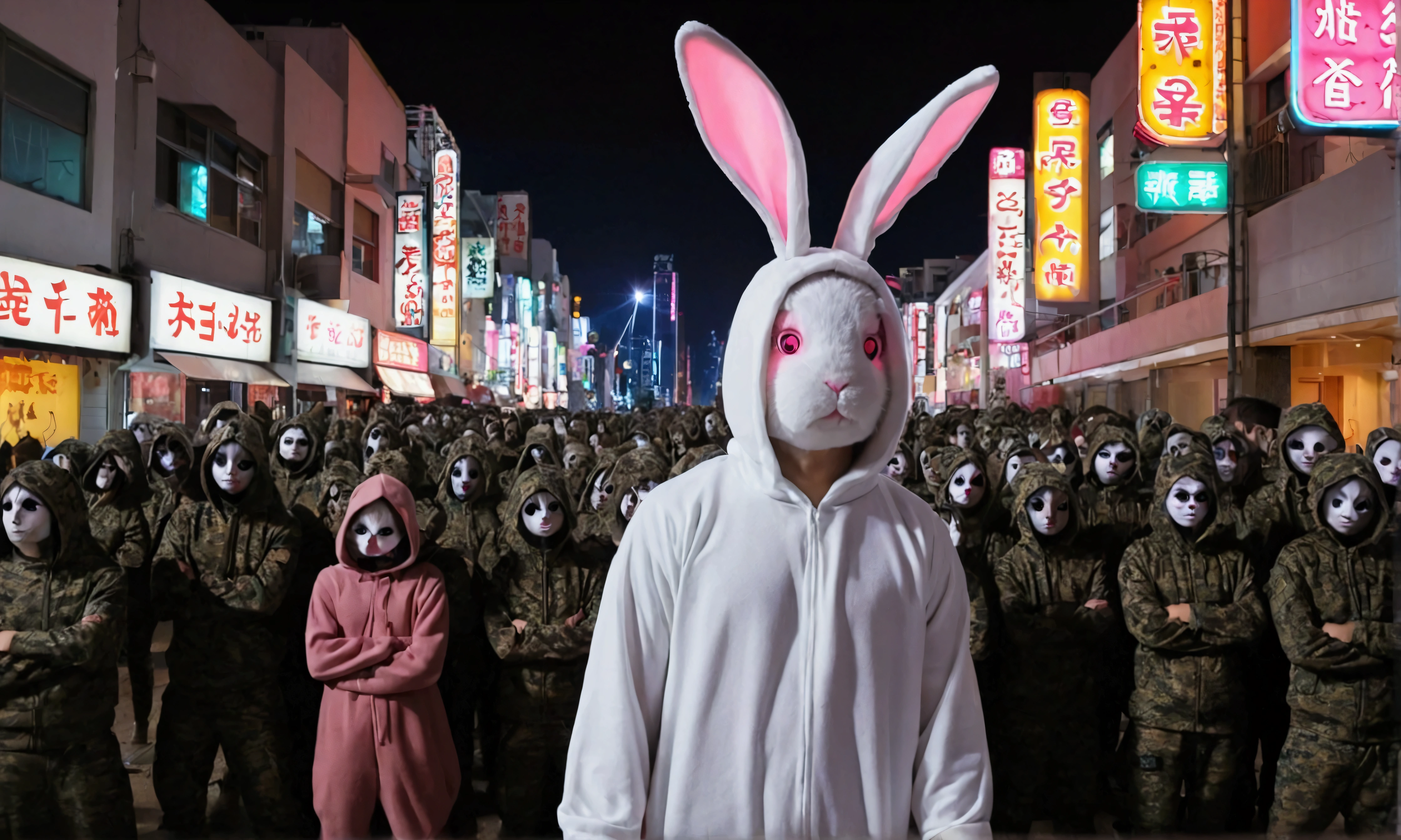 完璧なcentral配置、Cute girls everywhere、Wearing a rabbit costume、A costume with a detachable head、night、Neon Town、Ruined City、Behind him is an army of creepy rabbit costumes、Standing position、The costume in the back is lightly blurred.、central、looking at the camera、Facing the camera、