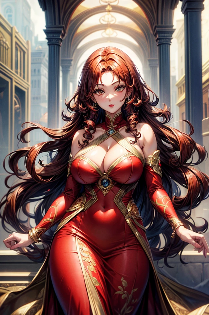 highest quality, ultra high resolution, super detailed, gorgeous, masterpiece, best quality, high resolution finely detailed, extremely beautiful, distinct image, glistening caramel brown skin, piercing golden eyes, curly fiery red hair, slender alluring older woman, 40 years old, elegant long empress dress, (((MILF))), 1 woman, solo, sharp facial features, empress like aura and majesty, symmetrical shaped face, fiery red lips, medium height(174cm), slender and thick, toned body type, Gothic modern city setting