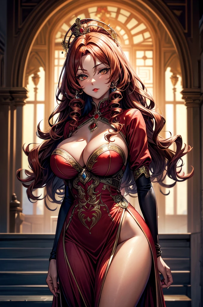 highest quality, ultra high resolution, super detailed, gorgeous, masterpiece, best quality, high resolution finely detailed, extremely beautiful, distinct image, glistening caramel brown skin, piercing golden eyes, curly fiery red hair, slender alluring older woman, 40 years old, elegant long empress dress, (((MILF))), 1 woman, solo, sharp facial features, empress like aura and majesty, symmetrical shaped face, fiery red lips, medium height(174cm), slender and thick, toned body type, Gothic modern city setting