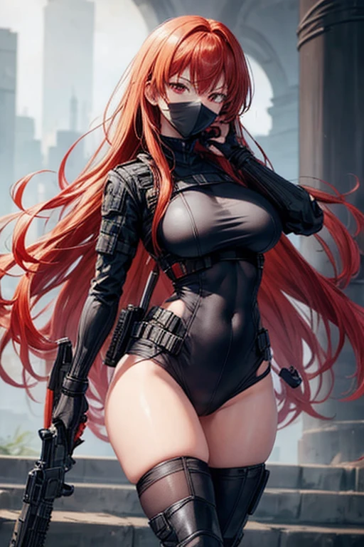A redhead girl, red eyes, busty, firm thighs, beautiful body, Long hair, black combat suit, Black mask,2 katanas sheathed on his back and an assault rifle in his hands, He carries a short gun with magazines and two knives.